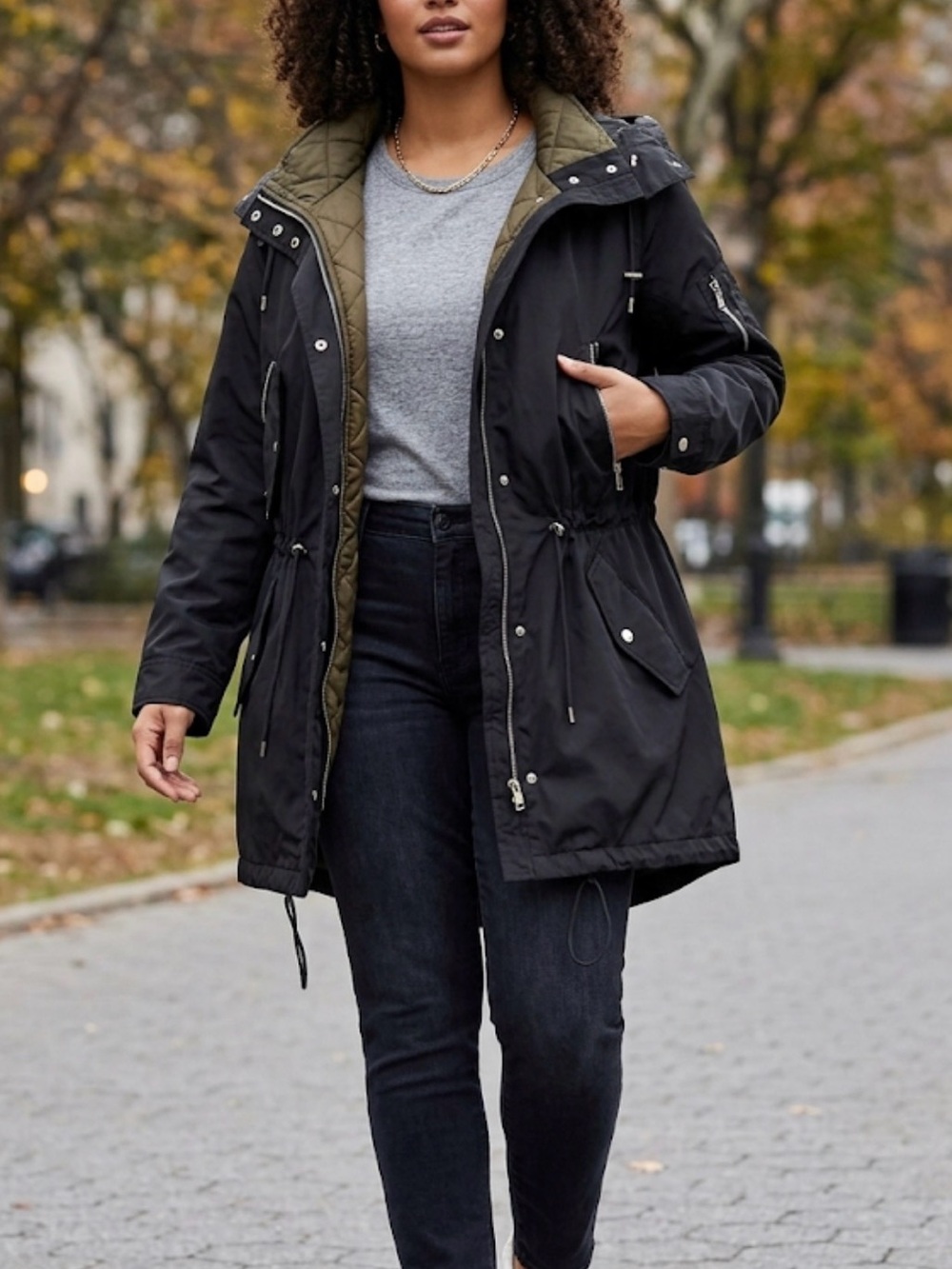 Vince Camuto Black Hooded Utility Anorak with Olive Lining